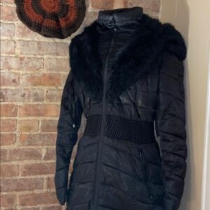 Laundry By Shelli Segal Black Puffer Coat with Fur Trim